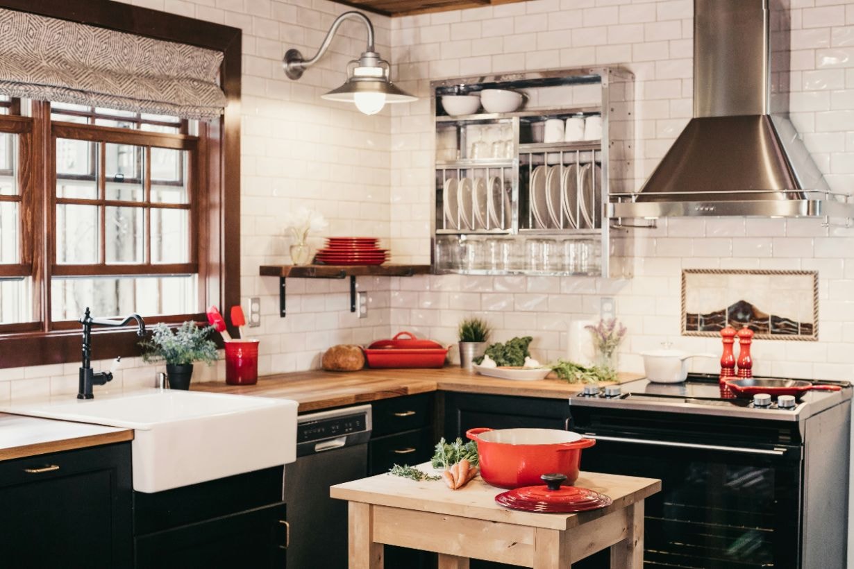 Kitchen with black cupboards